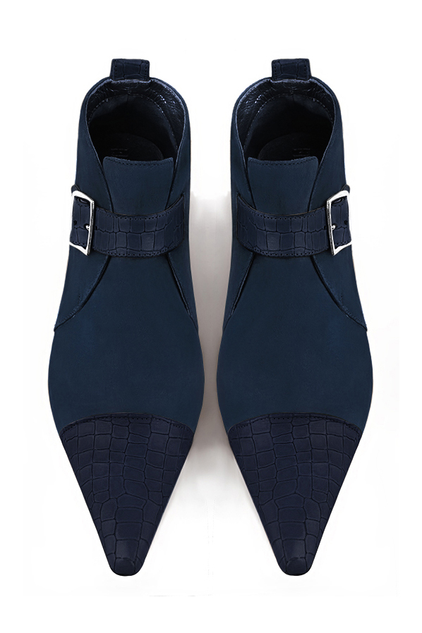 Navy blue women's ankle boots with buckles at the front. Pointed toe. Low cone heels. Top view - Florence KOOIJMAN